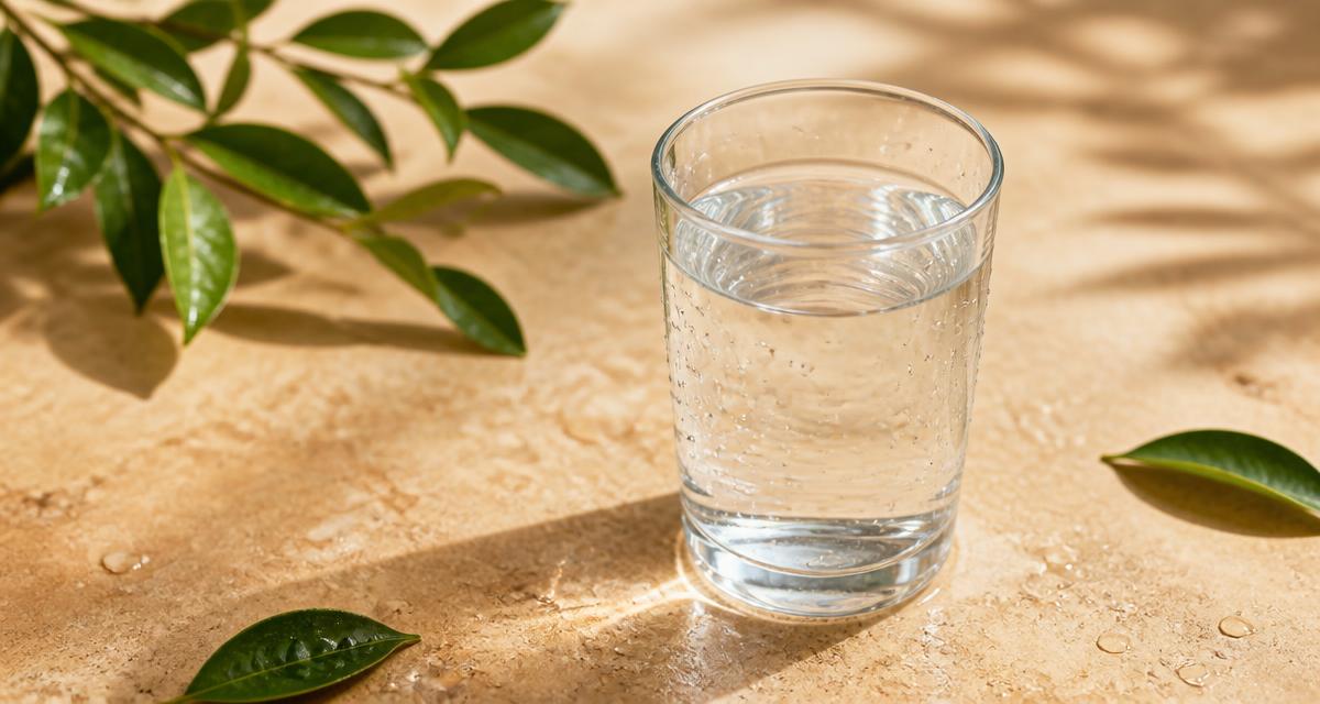 لیوان آب شفاف با قطرات آب روی سطح شنی و برگ‌های سبز